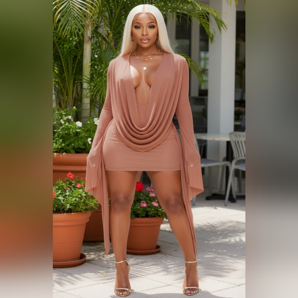 Camie Deep Plunge Cowl Neck Mesh Mini Dress With Bell Sleeve-Dark Mauve